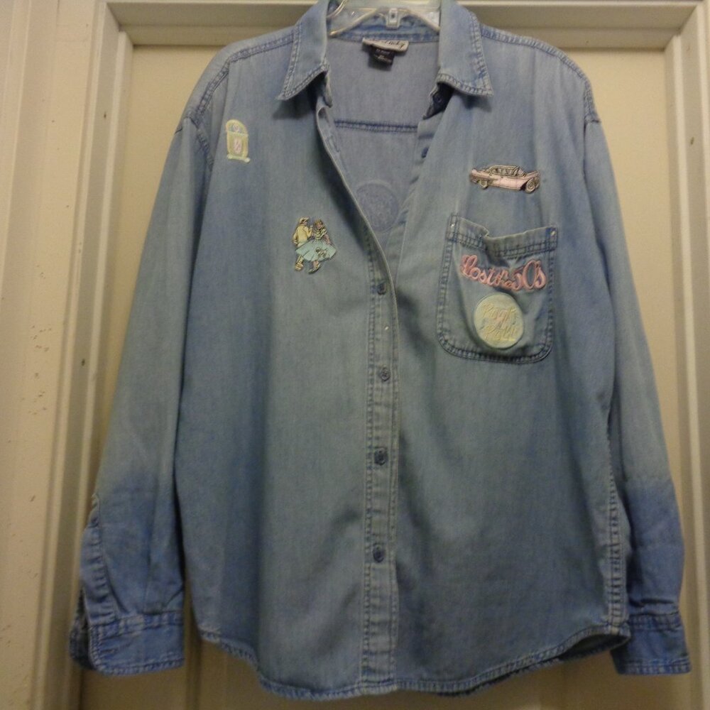 RETRO MADE TO LOOK WORN & VINTAGE BLUE WORK SHIRT W APPLIQUES 2 X